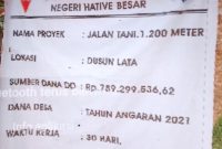 Papan Nama Proyek Jalan Tani Negeri Hative Besar, 1.200 m, dengan anggaran Rp. 789.299.536,62