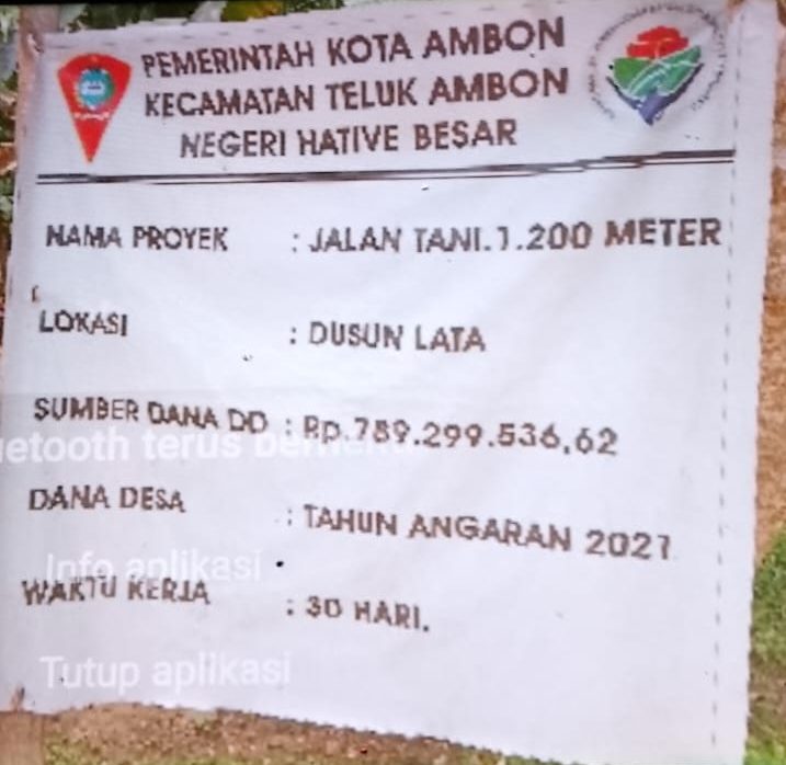 Papan Nama Proyek Jalan Tani Negeri Hative Besar, 1.200 m, dengan anggaran Rp. 789.299.536,62